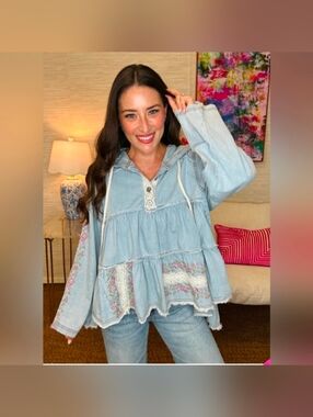 ASSORTED SIZES- POL hooded denim And lace babydoll top-NWT